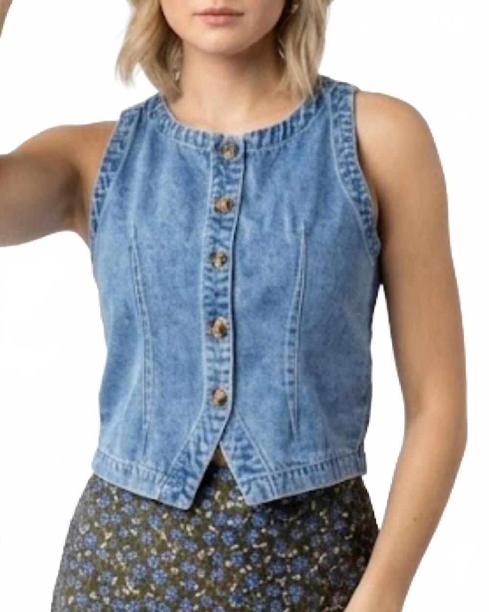 NEW MIKAROSE tailored button-front denim vest in blue
